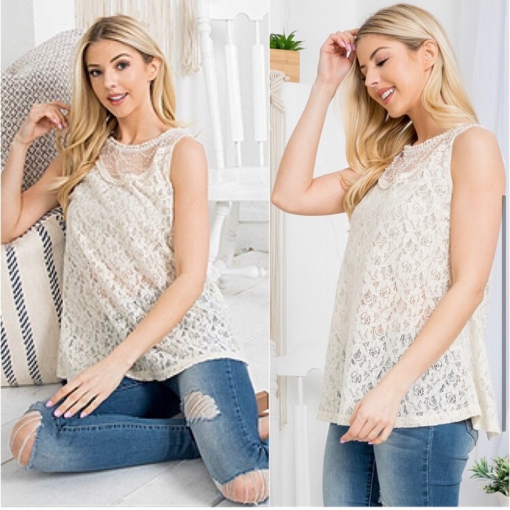 LAST ONE: Elegant ivory lace pearl embellished mesh blouse top - Picture 2 of 4